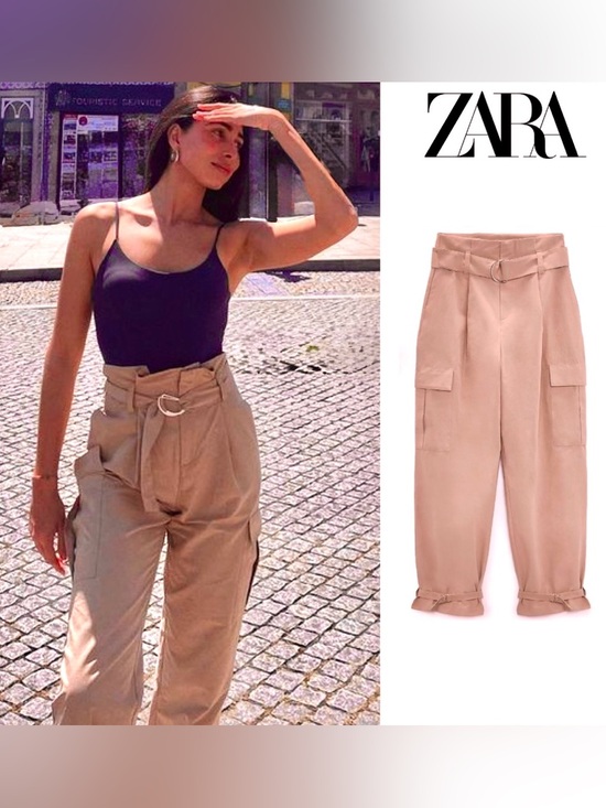 ZARA Pants - ZARA New With Tag M High Rise Paper Bag Straight Leg Camel Cargo Pants Medium
